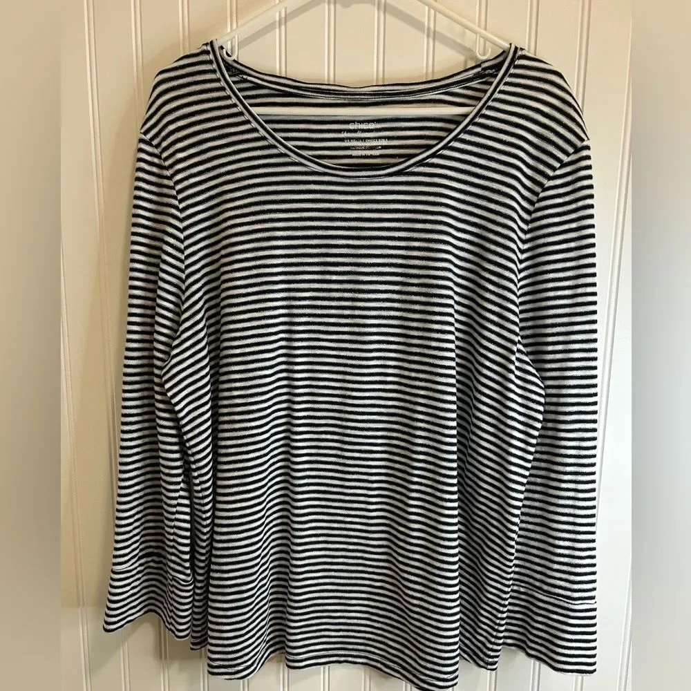 Chico's women Black and White Striped Top with Metallic Accents.cotton modal .